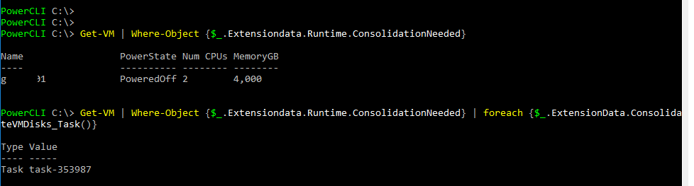 PowerCLI выполнить консолидацию ConsolidateVMDisks_Task