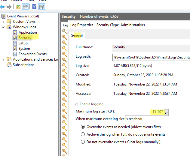 Изменить максимальный размер лога в Windows через консоль Event Viewer
