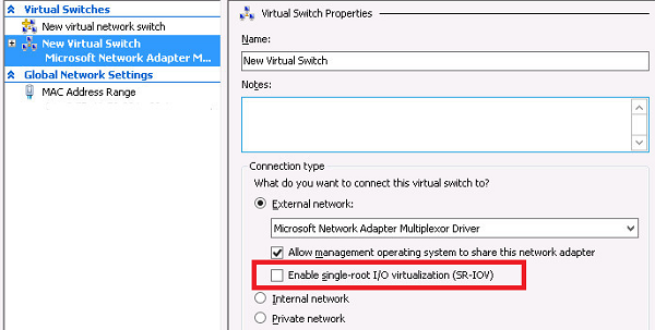 включить Enable single-root I/O virtualization (SR-IOV) для виртуального коммутатора hyper-v