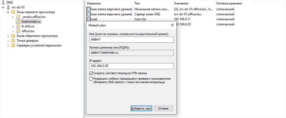 Настройка DNS для Zabbix 7