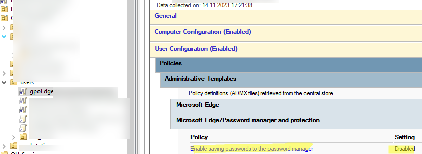 Отключить сохранение паролей в браузере Edge с помощью GPO