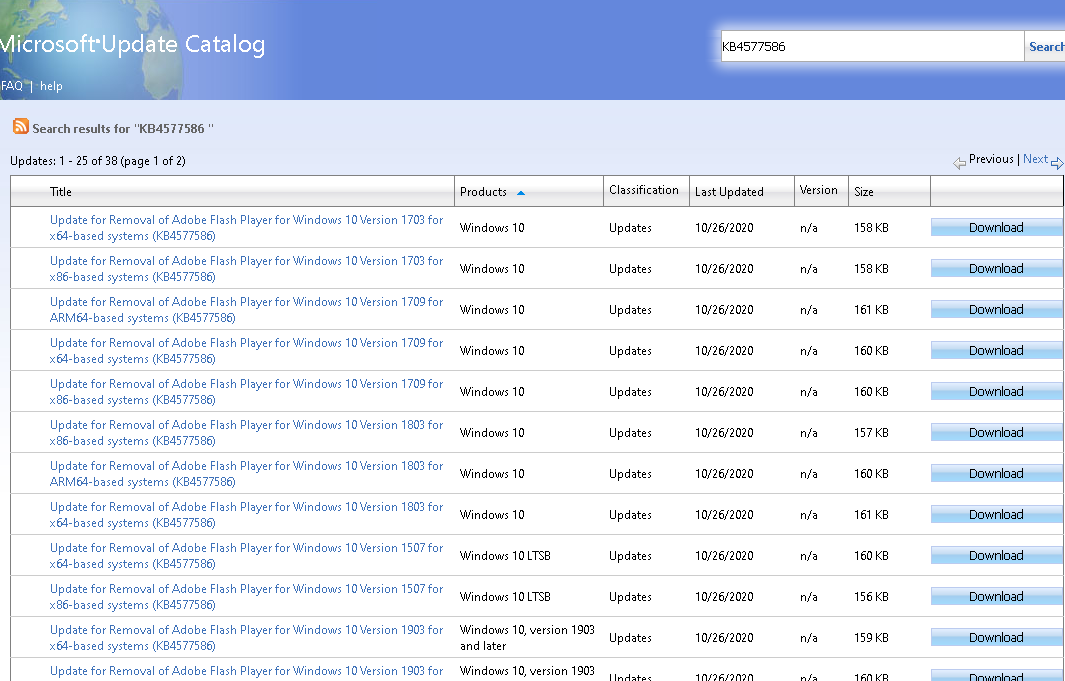 скачать KB4577586 (Update for Removal of Adobe Flash Player из microsoft update catalog