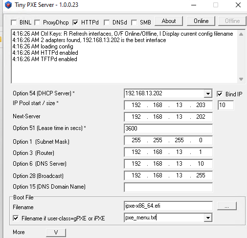 настройки Tiny PXE сервера для загрузки Windows PE по сети