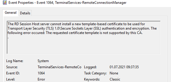 The requested certificate template is not supported by this CA