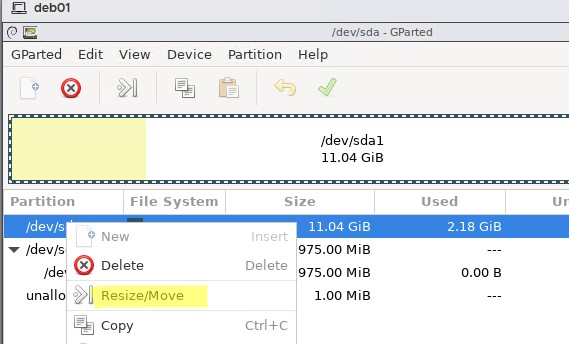 gparted - уменьшить размер раздела в виртуалной машине linux