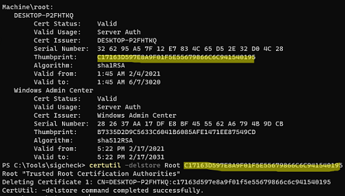 certutil - удалить сертификат по отпечатку thumbprint