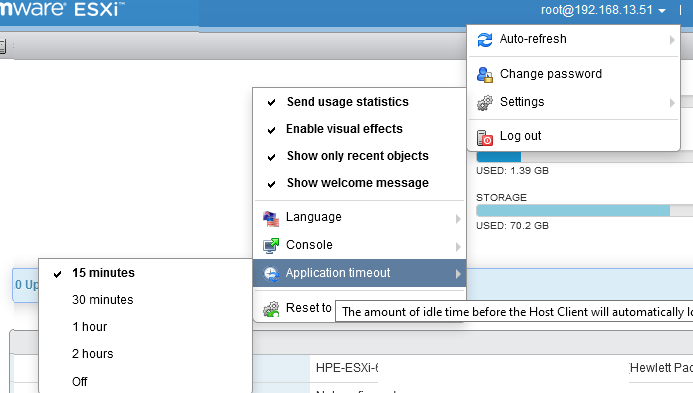 Отключить таймаут неактивности в ESXi Host Client Web Interface