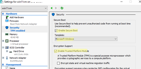 включить Secure Boot и TPM для виртульной машины WIndows 11