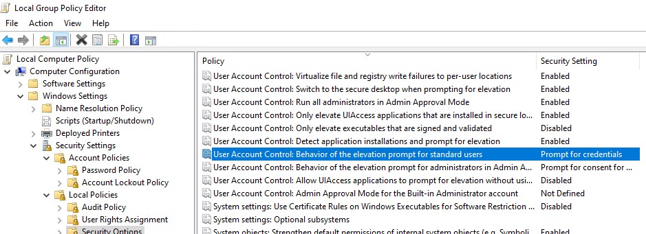 политика UAC Behavior elevation prompt
