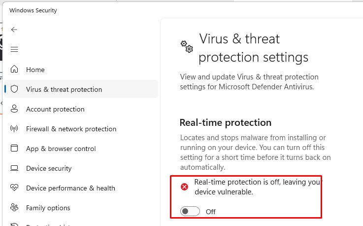 Приостановить защиту в windows security