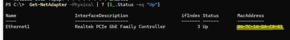 PowerShell узнать текущий MAC адрес