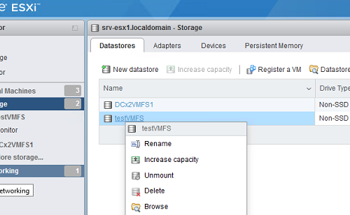 удалить vmfs datastore в vmware esxi