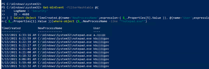 powershell скрипт для получения времени запуска программ и пользователей, которые их запускали