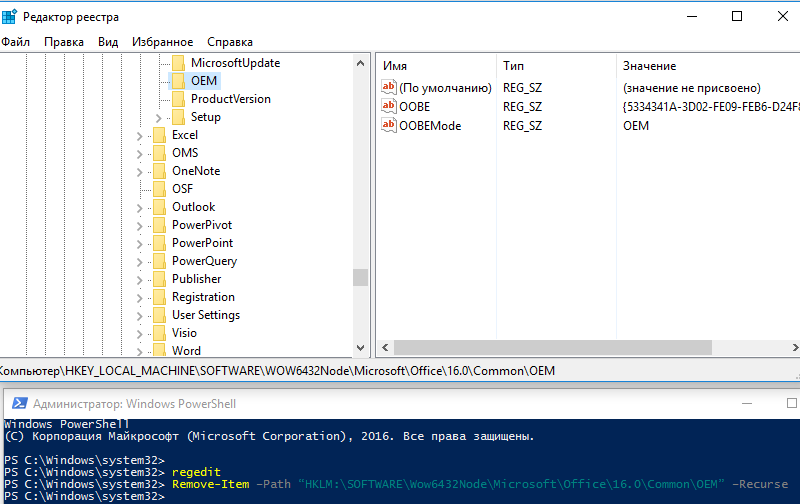 удаление HKLM:\ SOFTWARE\Microsoft\Office\16.0\Common\OEM