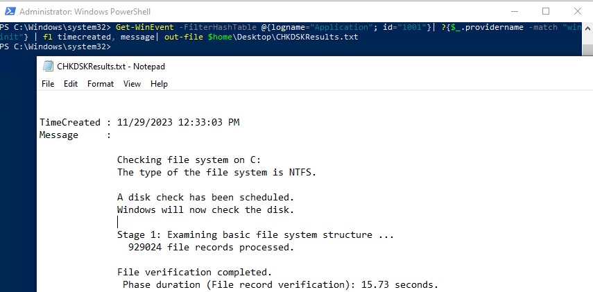 Выгрузить логи chkdsk в текстовый файл