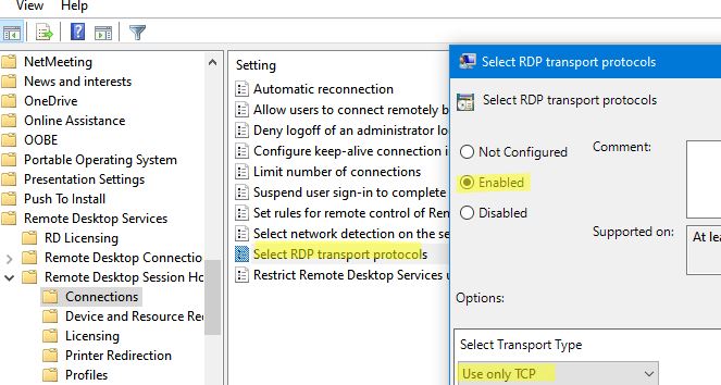 Отключение UDP и использование только TCP для RDP на сервере