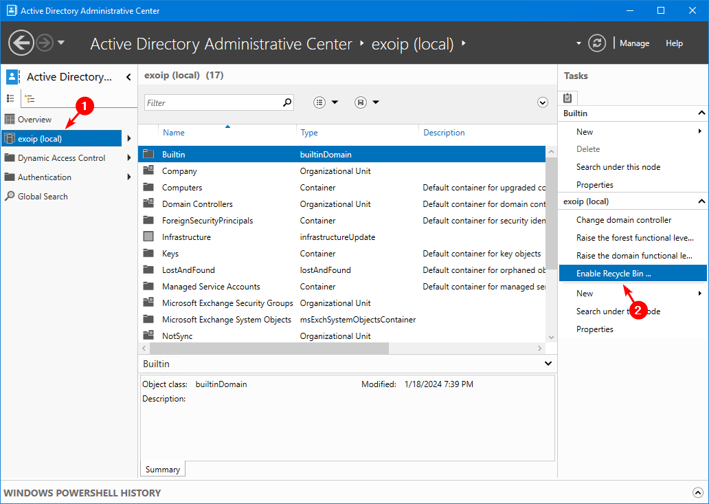 Включение корзины Active Directory в Windows Server 02