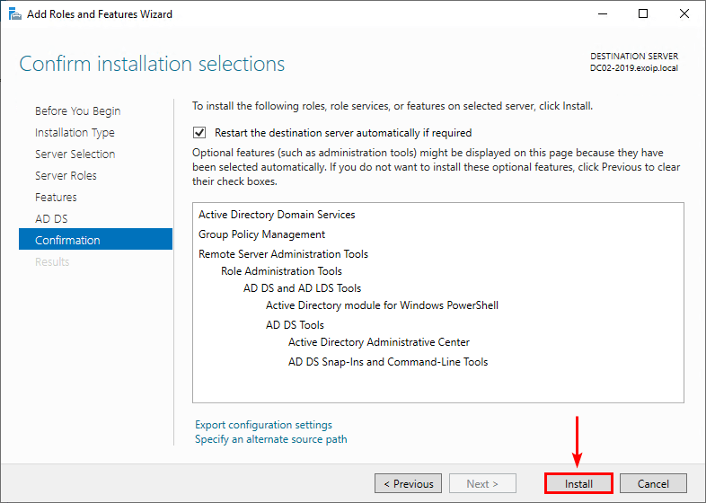 Запуск установки Active Directory Domain Services
