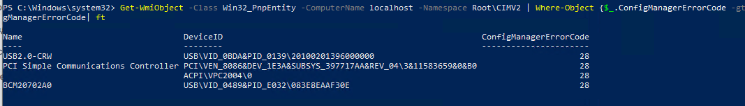 powershell список неизвестных устройств без драйвера в windows