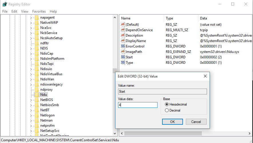 отключение NDU - HKEY_LOCAL_MACHINE\SYSTEM\ControlSet001\Services\Ndu\