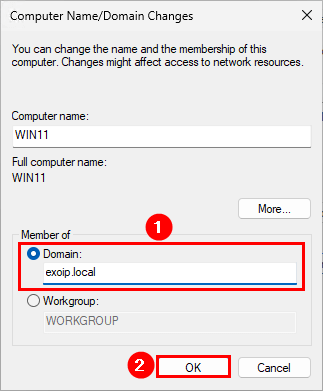 Ввод имени домена Active Directory в Windows 11