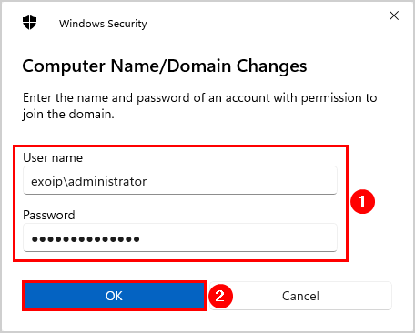 Ввод учётных данных для присоединения Windows 11 к домену