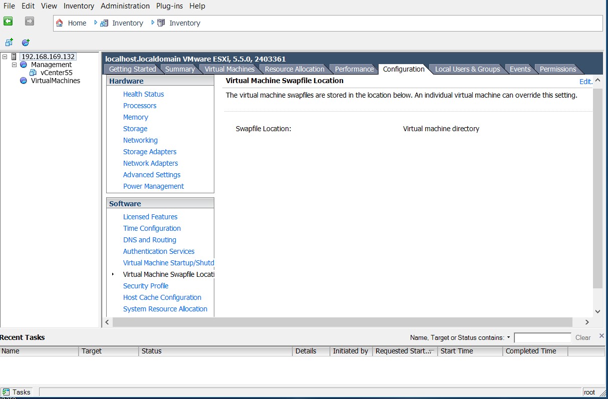 esxi5 настройки местоположения файлов подкачки