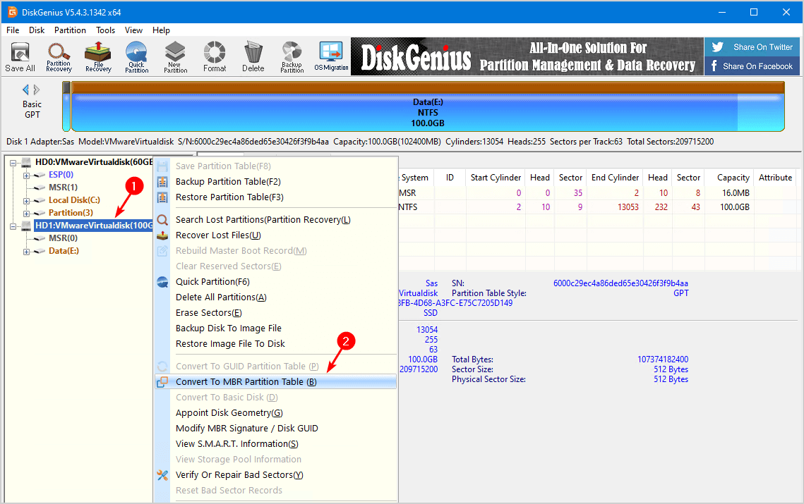 Convert To MBR Partition Table в DiskGenius