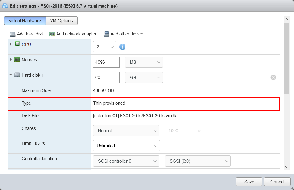 Проверка типа Thin Provisioned в VMware ESXi