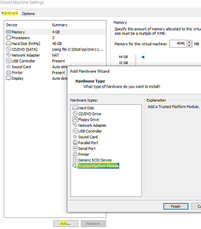 добавьте Trusted Platform Module для ВМ VMWare workstation
