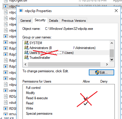 запрети на использование rdpclip.exe для не-администраторов
