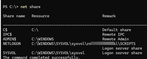 net-share - проверить папки sysvol и netlogon на DC