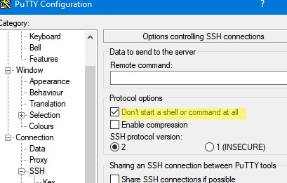 putty не запускать shell при старте ssh тунеля