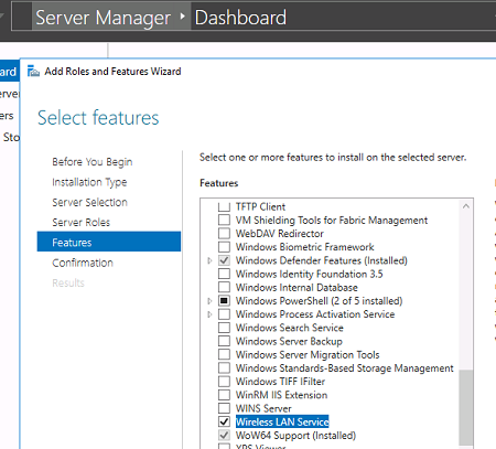Server Manager установка Wireless LAN Service 