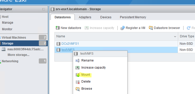 смонтировать vmfs хранилище в vmware esxi