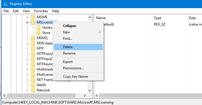 сбросить временную RDP лицензий в Windows 10, удалить ветку реестра MSLicensing