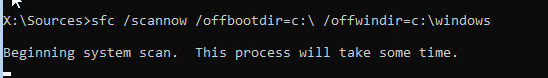 sfc /scannow /offbootdir=C:\ /offwindir=C:\Windows
