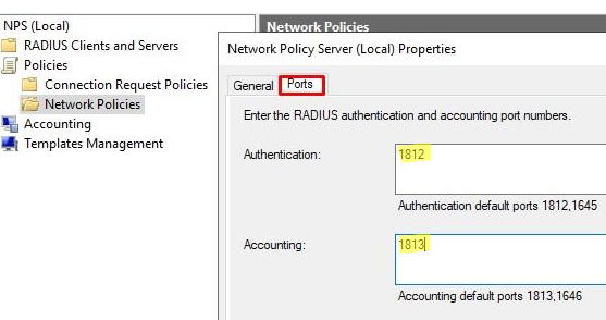Порты аутентификации и учета RADIUS в настройках NPS