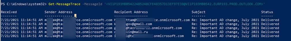 Get-MessageTrace информацию о доставке в ящики нескольких отправителей