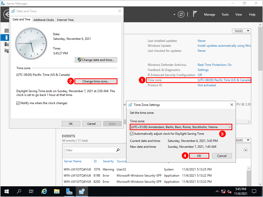 Настройка часового пояса Windows Server