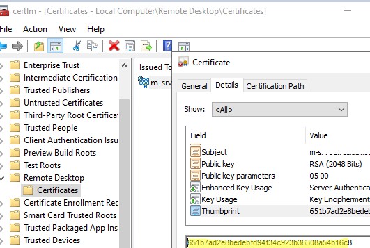 Отпечаток Remote Desktop SSL сертификата в хранилище