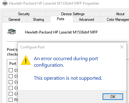 принтер ошика An error occurred during port configuration. This operation is not supported 