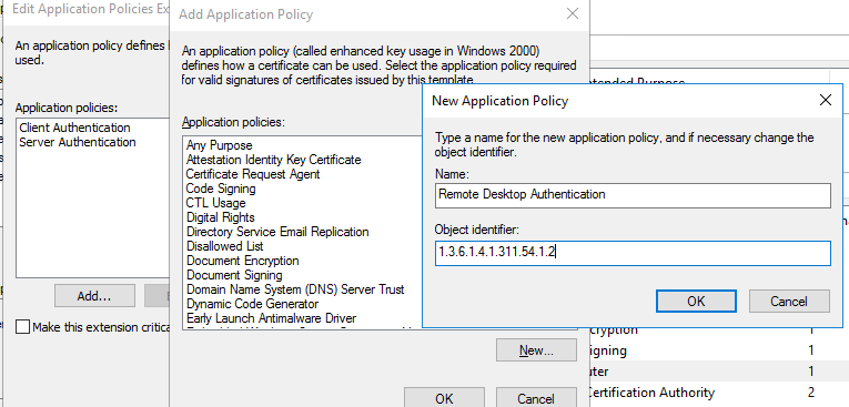 политика сертфиката - для Remote Desktop Authentication