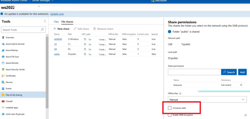 Windows Admin Center - включить сжатие файлов при передаче по сети