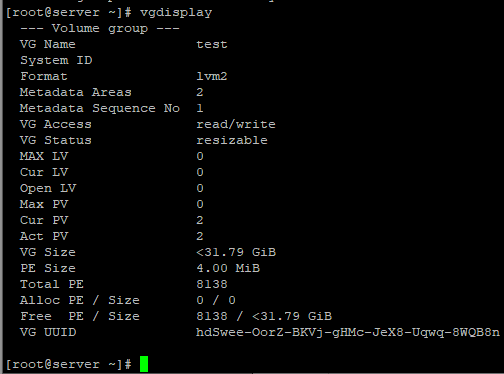 vgdisplay - создание LVM группы