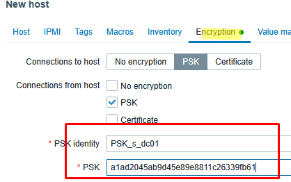 Параметры PSK шифрования для агента Zabbix