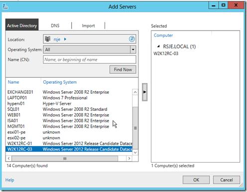 Добавить сервер в консоли Server Manager в win2012