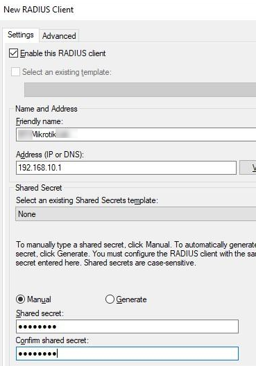 Добавление маршрутизатора MikroTik в качестве RADIUS-клиента NPS