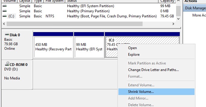 уменьшить раздел (shrink volume) в windows