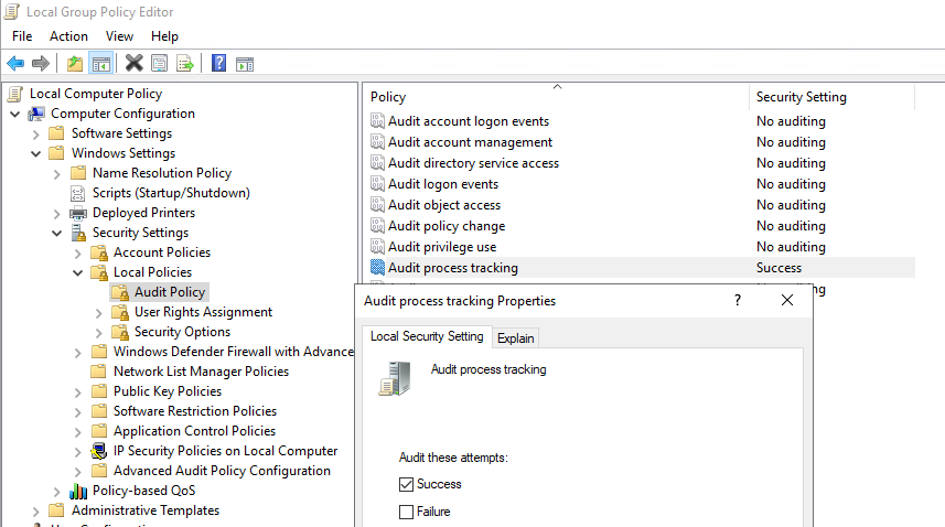 политика аудита запуска процессов в windows (Audit process tracking)